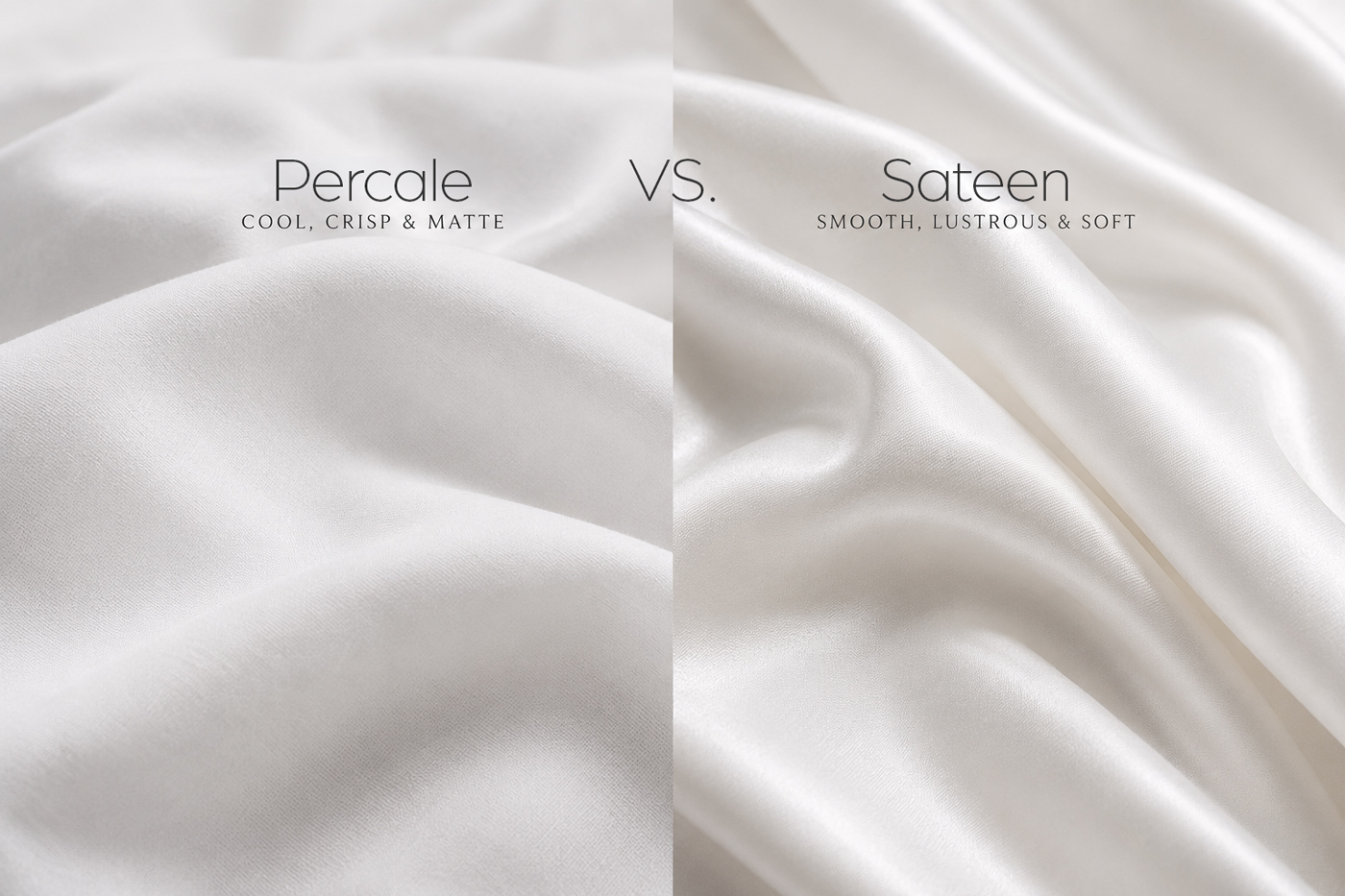 Close view comparing crisp cotton percale and smooth cotton sateen fabrics